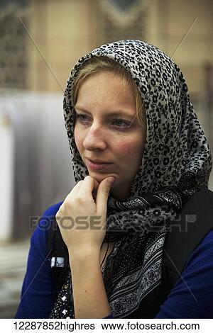 Blond Haired Woman Wearing A Headscarf New Delhi Delhi India