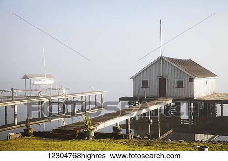 Boathouse and sailboat on foggy lake; Bellingham, Washington, United States of America View Large Photo Image Stock Photograph - Boathouse and sailboat on foggy lake; Bellingham, Washington, United States of America. Fotosearch