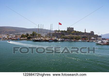 Boats in the port and Turkish flag; Bodrum, Turkey View Large Photo Image Stock Photograph - Boats in the port and Turkish flag; Bodrum, Turkey. Fotosearch