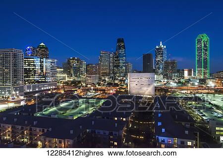 Buildings illuminated at dusk; Dallas, Texas, United States of America View Large Photo Image Stock Photograph - Buildings illuminated at dusk; Dallas, Texas, United States of America. Fotosearch