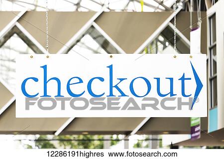 Stock Photograph - Checkout sign at a retail garden centre in a shopping complex; St. Albert, Alberta, Canada. Fotosearch
