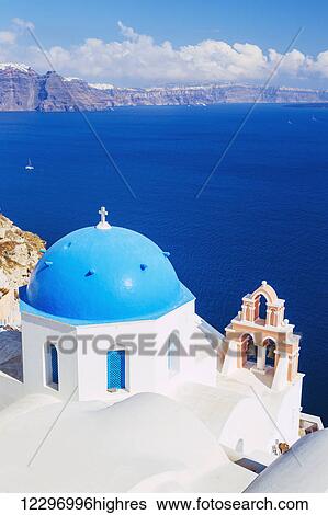 Church Bell Tower above Blue Sea, Santorini Island, Greece View Large Photo Image Stock Photograph - Church Bell Tower above Blue Sea, Santorini Island, Greece. Fotosearch