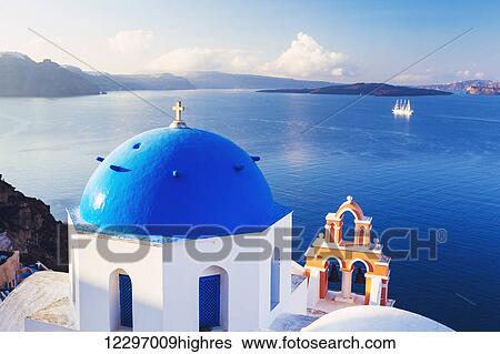 Church Bell Tower above Blue Sea, Santorini Island, Greece View Large Photo Image Stock Photograph - Church Bell Tower above Blue Sea, Santorini Island, Greece. Fotosearch