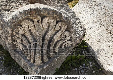Stock Photograph - Close up of carved stonework; Sabasita, Samaria, Israel. Fotosearch