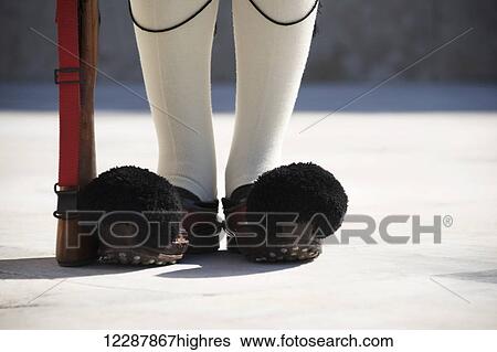 Stock Photograph - Close up of shoes of Greek presidential guardsman; Athens, Attica, Greece. Fotosearch
