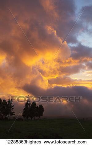 Stock Photograph - Clouds glowing orange at sunset; Kula, Maui, Hawaii, United States of America. Fotosearch