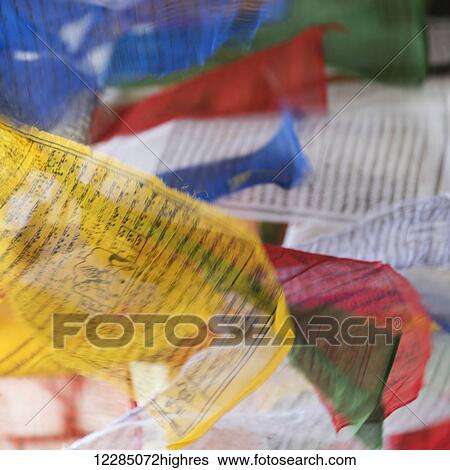 Stock Photograph - Colourful prayer flags; Thimpu, Bhutan. Fotosearch