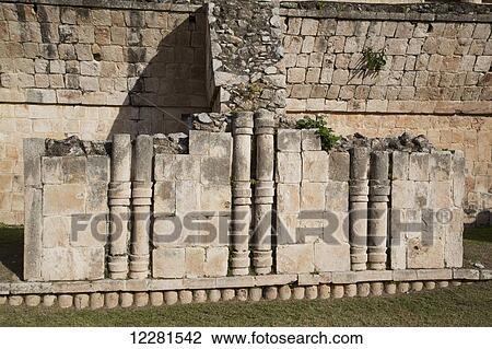 Stock Image - Decorative Puuc style columns, The Palace, Kabah Archaeological Site; Yucatan, Mexico. Fotosearch