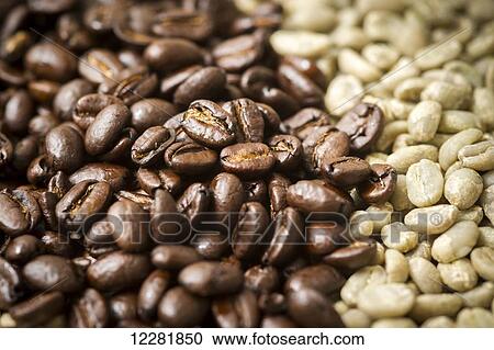 Stock Image - Detail of unroasted green coffee beans and brown roasted beans; Takoma Park, Maryland, United States of America. Fotosearch