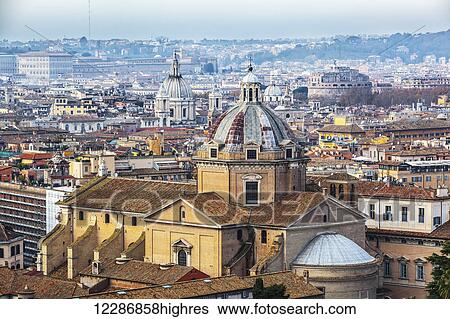 Dome of church roof with cross and various other buildings; Rome, Italy View Large Photo Image Stock Photograph - Dome of church roof with cross and various other buildings; Rome, Italy. Fotosearch