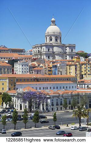 Stock Photograph - Dome of Santa Engracia in Lisbon's Alfama historic district, viewed from Tagus River; Lisbon, Portugal. Fotosearch
