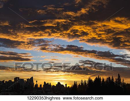 Dramatic colorful clouds at sunrise with cityscape and tree silhouette; Calgary, Alberta, Canada View Large Photo Image Stock Photograph - Dramatic colorful clouds at sunrise with cityscape and tree silhouette; Calgary, Alberta, Canada. Fotosearch