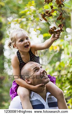 Stock Photograph - Father carrying his daughter on his shoulders in a park in autumn; Edmonton, Alberta, Canada. Fotosearch