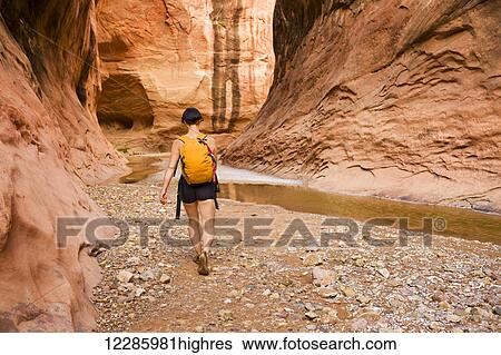 Stock Photograph - Female adventurer exploring a desert canyon narrows, Capitol Reef National Park; Utah, United States of America. Fotosearch
