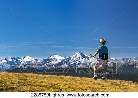 Stock Photograph - Female hiker standing with poles on a grassy mountain top overlooking snow capped mountain range and blue sky with clouds; Kananaskis Country, Alberta, Canada. Fotosearch
