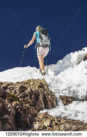 Female hiker with poles ascending on snow covered rocky peak with blue sky; Waterton, Alberta, Canada View Large Photo Image Stock Photograph - Female hiker with poles ascending on snow covered rocky peak with blue sky; Waterton, Alberta, Canada. Fotosearch