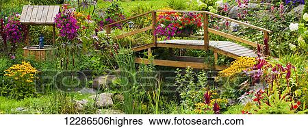 Flowers in a garden with a wooden bridge over a stream; Granby, Quebec, Canada View Large Photo Image Stock Photograph - Flowers in a garden with a wooden bridge over a stream; Granby, Quebec, Canada. Fotosearch