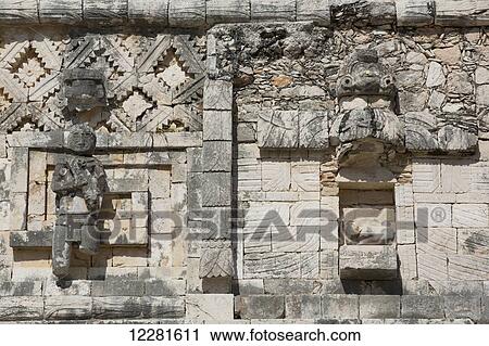 Stock Image - Frieze, Nuns' Quadrangle, Uxmal Mayan archaeological site; Yucatan, Mexico. Fotosearch