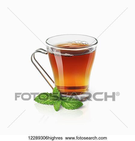 Glass mug of steeped hot tea and a sprig of mint leaves on a white background; Toronto, Ontario, Canada View Large Photo Image Stock Photograph - Glass mug of steeped hot tea and a sprig of mint leaves on a white background; Toronto, Ontario, Canada. Fotosearch