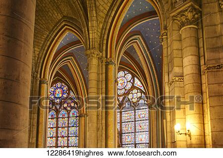 Stock Photograph - Gothic arches in cathedral Notre-Dame; Paris, France. Fotosearch