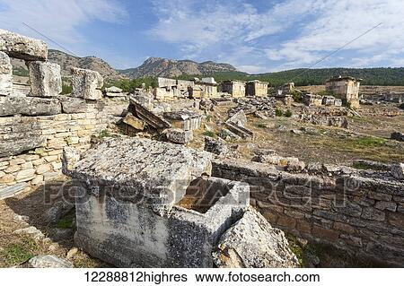 Stock Photograph - Grave monuments, Necrolopis; Pamukkale, Turkey. Fotosearch