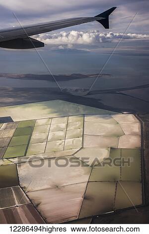 Stock Photograph - Great Salt Lake viewed from a commercial flight; Salt Lake City, Utah, United States of America. Fotosearch