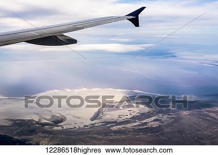 Stock Photograph - Great Salt Lake viewed from a commercial flight; Salt Lake City, Utah, United States of America. Fotosearch
