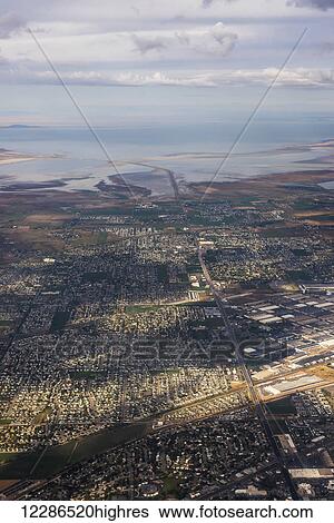 Stock Photograph - Great Salt Lake viewed from a commercial flight; Salt Lake City, Utah, United States of America. Fotosearch