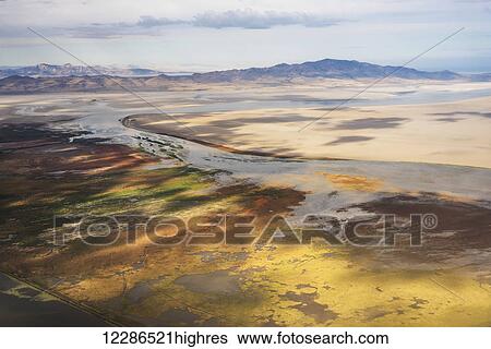 Stock Photograph - Great Salt Lake viewed from a commercial flight; Salt Lake City, Utah, United States of America. Fotosearch