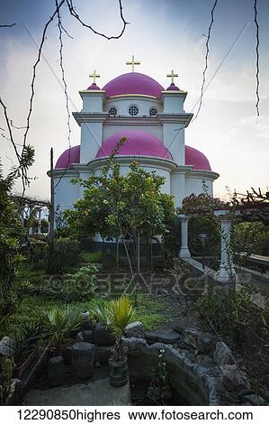 Greek Orthodox Church with pink domes and gold crosses; Capernaum, Israel View Large Photo Image Stock Photograph - Greek Orthodox Church with pink domes and gold crosses; Capernaum, Israel. Fotosearch