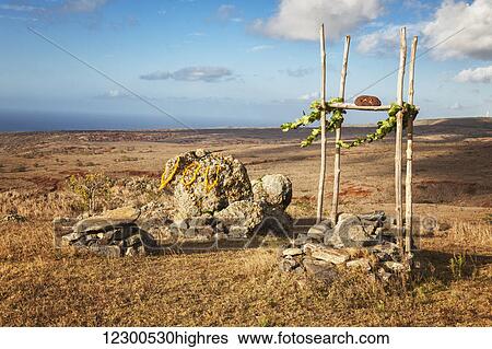 Stock Photograph - Hawaiian Altar (lele) and offerings at Kaana atop Mauna Loa on Molokai, legendary birthplace of hula via Goddess Laka; Island of Hawaii, Hawaii, United States of America. Fotosearch