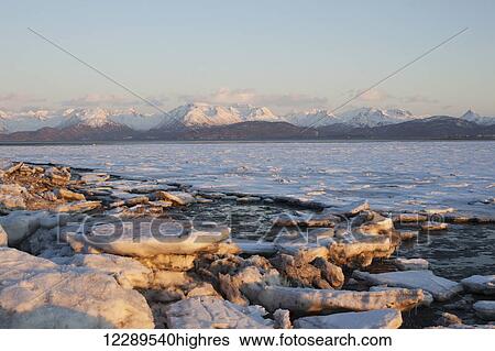 Stock Photograph - Ice chunks on a beach in Homer with a view of the alpenglow on the Kenai Mountains in the background, Southcentral Alaska. Fotosearch