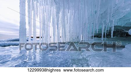 Stock Photograph - Icicles on Lake Superior; Thunder Bay, Ontario, Canada. Fotosearch