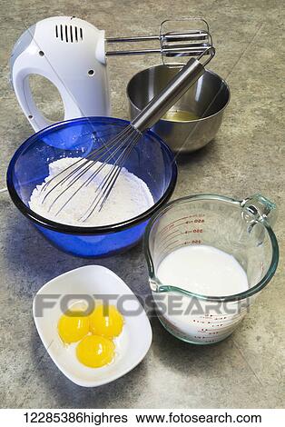 Stock Photograph - Ingredients for pancakes; Surrey, British Columbia, Canada. Fotosearch