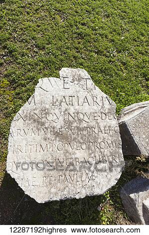 Stock Photograph - Inscription on a broken stone tablet; Philippi, Greece. Fotosearch