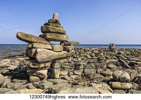 Stock Photograph - Inukshuk on Lake Huron, Bruce Peninsula National Park; Ontario, Canada. Fotosearch