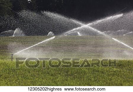 Stock Photograph - Irrigation watering a hay field in the Cowichan Valley, Vancouver Island; British Columbia, Canada. Fotosearch
