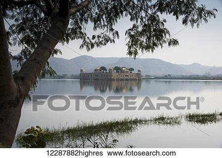 Stock Photograph - Jal Mahal palace on Man Sagar Lake through the trees; Dharpatha Mal, Madhya Pradesh, Inda. Fotosearch