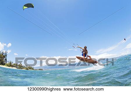 Stock Photograph - Kite Surfing, Fun in the Ocean, Extreme Sport. Fotosearch