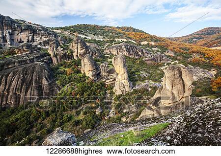 Landscape of rugged cliffs and autumn foliage; Meteora, Greece View Large Photo Image Stock Photograph - Landscape of rugged cliffs and autumn foliage; Meteora, Greece. Fotosearch