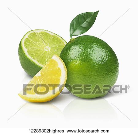 Stock Photograph - Lime and lemon on a white background; Toronto, Ontario, Canada. Fotosearch
