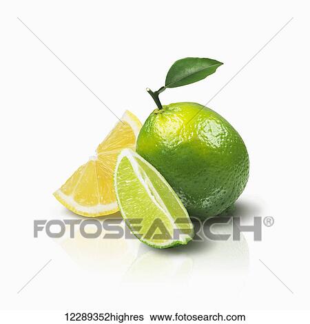 Stock Photograph - Lime with lemon and lime wedges; Toronto, Ontario, Canada. Fotosearch