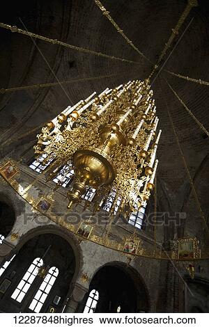 Stock Photograph - Low Angle View Of Chandelier At St Nicholas Church; Brest, Belarus. Fotosearch