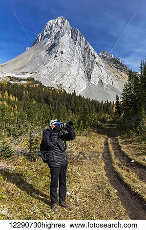 Stock Photograph - Male photographer on mountain trail looking through the camera with mountain peak and blue sky in the background, Kananaskis Provincial Park; Alberta, Canada. Fotosearch
