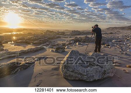 Stock Image - Man standing taking photos at Marble Beach in Namakwaland National Park; South Africa. Fotosearch