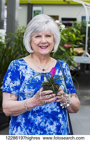 Stock Photograph - Mature woman shopping for plants in a garden centre in a shopping complex; St. Albert, Alberta, Canada. Fotosearch