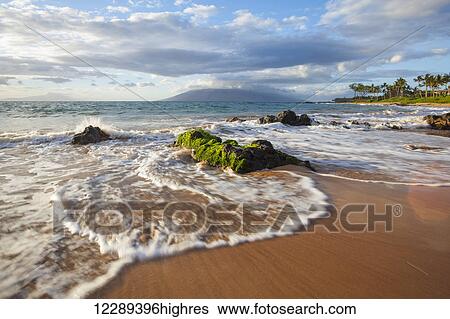 Mokapu Beach at sunset with mossy lava rocks; Wailea, Maui, Hawaii, United States of America View Large Photo Image Stock Photograph - Mokapu Beach at sunset with mossy lava rocks; Wailea, Maui, Hawaii, United States of America. Fotosearch