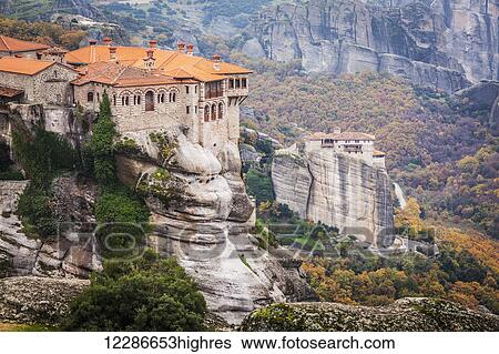 Monasteries perched on cliffs; Meteora, Greece View Large Photo Image Stock Photograph - Monasteries perched on cliffs; Meteora, Greece. Fotosearch