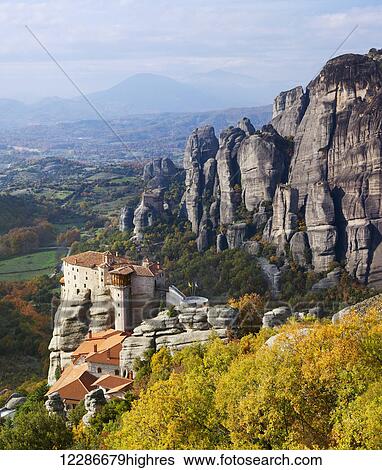 Monastery on a cliff; Meteora, Greece View Large Photo Image Stock Photograph - Monastery on a cliff; Meteora, Greece. Fotosearch