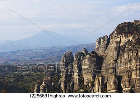 Stock Photograph - Monastery on a cliff; Meteora, Greece. Fotosearch